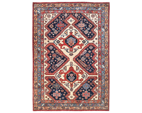 6x9 Beige Blue Aryana Afghan Hand Knotted Veg Dye Wool Area Rug